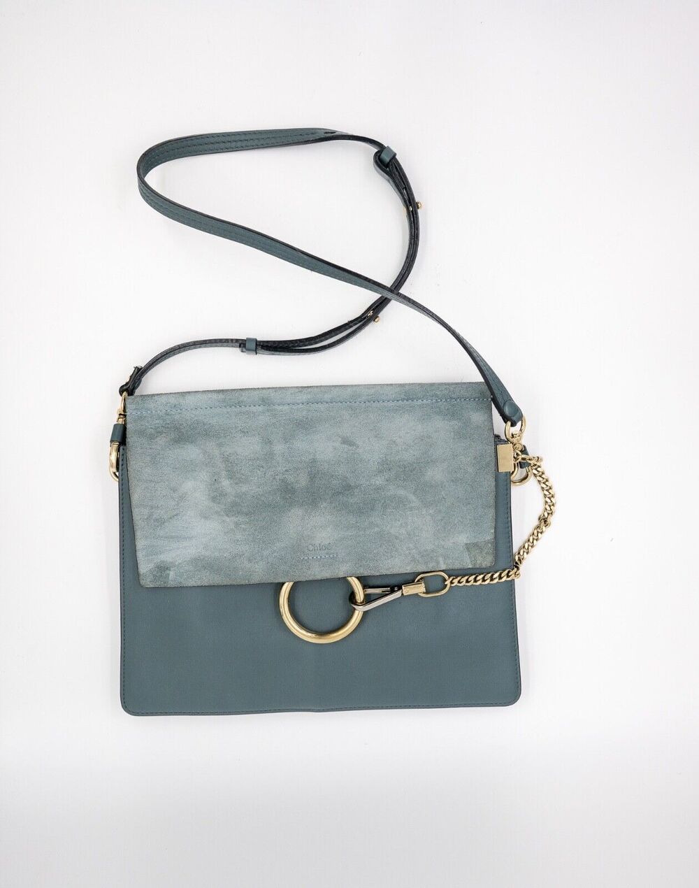 Chloe Faye Shoulder Bag Leather Suede-trimmed Cloudy Blue Adjustable Chain-Link